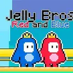 Dwie postacie w stylu pixel art, jedna niebieska i druga czerwona, stoją obok siebie na tle z żółtą linią, z napisem Jelly Bros Red and Blue u góry