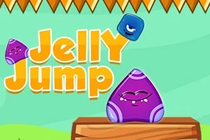 Kolorowe, uśmiechnięte postacie w kształcie galaretek na tle z drewnianą platformą i ząbkowaną ramką, z napisem Jelly Jump