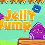 Kolorowe, uśmiechnięte postacie w kształcie galaretek na tle z drewnianą platformą i ząbkowaną ramką, z napisem Jelly Jump