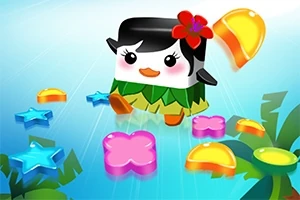 Uśmiechnięta postać pingwina w hawajskim stroju z kwiatem we włosach, otoczona kolorowymi kształtami na tle turkusowego nieba