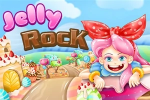 Postać z różowymi włosami i czerwonym kokardą na tle cukierkowej krainy z napisem Jelly Rock