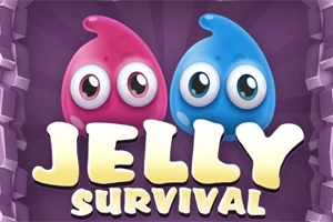 Różowe i niebieskie żelki z dużymi oczami na fioletowym tle z napisem Jelly Survival