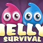 Różowe i niebieskie żelki z dużymi oczami na fioletowym tle z napisem Jelly Survival