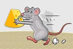 Szary rysunkowy szczur biegnie z kawałkiem żółtego sera w łapach