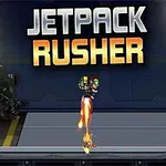 Postać z plecakiem rakietowym lecąca w industrialnym tunelu z napisem JETPACK RUSHER na górze