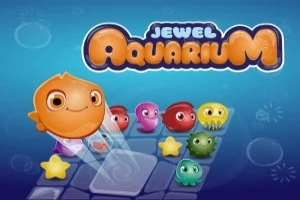 Rybka i kolorowe morskie stworzenia na planszy, z napisem Jewel Aquarium na niebieskim tle