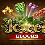 Napis Jewel Blocks otoczony liśćmi, z kolorowymi klejnotami w tle