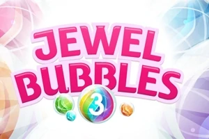 Napis JEWEL BUBBLES 3 otoczony kolorowymi bąbelkami na białym tle