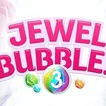 Napis JEWEL BUBBLES 3 otoczony kolorowymi bąbelkami na białym tle