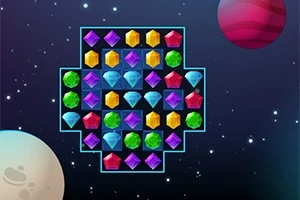 Kolorowe klejnoty ułożone w geometrycznym wzorze na tle kosmosu z widocznymi planetami