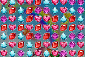 Kolorowe, błyszczące klejnoty o różnych kształtach, takich jak serca, diamenty i krople, ułożone w regularny wzór na niebieskim tle