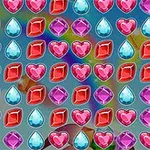 Kolorowe, błyszczące klejnoty o różnych kształtach, takich jak serca, diamenty i krople, ułożone w regularny wzór na niebieskim tle