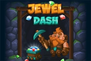 Kreskówkowy krasnolud z rudą brodą trzyma młotek obok wózka wypełnionego klejnotami, na tle wejścia do jaskini z kolorowymi klejnotami dookoła