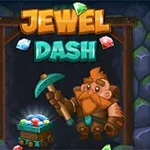 Kreskówkowy krasnolud z rudą brodą trzyma młotek obok wózka wypełnionego klejnotami, na tle wejścia do jaskini z kolorowymi klejnotami dookoła