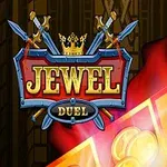 Logo z napisem Jewel Duel z mieczami i koroną, obok świecące złote monety na kolorowym tle