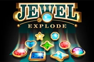 Żywe, kolorowe klejnoty różnych kształtów i kolorów, z błyszczącym napisem Jewel Explode w tle na czarnym tle