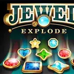 Żywe, kolorowe klejnoty różnych kształtów i kolorów, z błyszczącym napisem Jewel Explode w tle na czarnym tle
