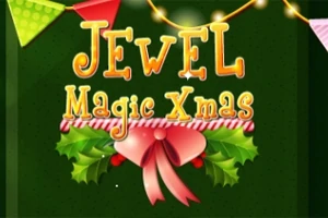 Świąteczny tekst Jewel Magic Xmas na zielonym tle z kolorowymi flagami, girlandą świateł i dekoracyjną wstążką z ostrokrzewem
