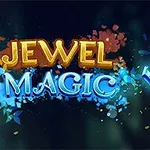 Kolorowe klejnoty i litery z napisem JEWEL MAGIC na ciemnym tle
