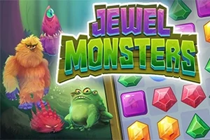 Kolorowe potwory stojące obok planszy z klejnotami z napisem Jewel Monsters