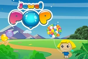 Kolorowy krajobraz z bajkową postacią trzymającą balony, napis Jewel Pop w górnej części obrazu, góry i roślinność w tle