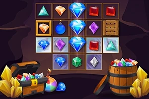 Kryształy różnych kolorów i kształtów ułożone w siatkę, otoczone przez skrzynię i beczkę pełne skarbów na tle jaskini