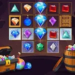 Kryształy różnych kolorów i kształtów ułożone w siatkę, otoczone przez skrzynię i beczkę pełne skarbów na tle jaskini