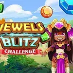 Dwie postacie w strojach inspirowanych kulturą prekolumbijską z biżuterią i kolorowymi klejnotami na tle nieba i zieleni z widocznym napisem Jewels Blitz Challenge