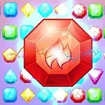 Kolorowe klejnoty w różnych kształtach na jasnym tle, z dużym czerwonym klejnotem w centrum ozdobionym symbolem płomienia