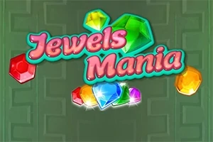 Kolorowe klejnoty i napis Jewels Mania na zielonym tle