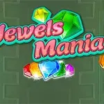 Kolorowe klejnoty i napis Jewels Mania na zielonym tle