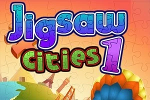 Kolorowy napis Jigsaw Cities 1 na tle ilustracji z motywem puzzli i krajobrazów miejskich