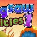 Kolorowy napis Jigsaw Cities 1 na tle ilustracji z motywem puzzli i krajobrazów miejskich