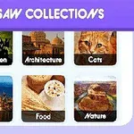 Sześć kategorii puzzli: Halloween, Architektura, Koty, Miasto, Jedzenie, Natura, na tle fioletowego bannera z napisem Jigsaw Collections