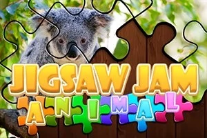 Koala siedzi na drzewie w tle puzzli z kolorowym napisem