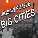 Wieża Eiffla na tle zachodzącego słońca i panoramy miasta, z dużymi napisami „Jigsaw Puzzle Big Cities” oraz elementami puzzli po bokach