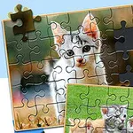 Puzzle z obrazkiem kota, częściowo ułożone, z widocznymi brakującymi kawałkami