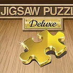 Złoty kawałek układanki z napisem Jigsaw Puzzle Deluxe na drewnianym tle
