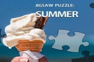 Ręka trzymająca lody w wafelku na tle nieba z widokiem na morze, obok duża część układanki i napis Jigsaw Puzzle: Summer