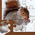 Układanka puzzli przedstawiająca wiewiórkę z czerwonym orzechem w śnieżnym otoczeniu, z brakującym elementem