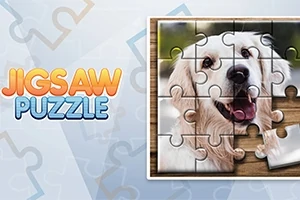 Na obrazku znajduje się niekompletny układanka ze zdjęciem uśmiechniętego psa, obok kolorowy napis Jigsaw Puzzle