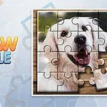 Na obrazku znajduje się niekompletny układanka ze zdjęciem uśmiechniętego psa, obok kolorowy napis Jigsaw Puzzle