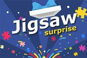 Kolorowe puzzle wybuchające na niebieskim tle z napisem Jigsaw Surprise