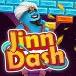 Niebieski dżin w turbanie z uśmiechem, cegły i spadająca piłka, kolorowe logo Jinn Dash