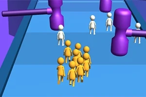 Postacie w kolorze żółtym i białym biegną razem po niebieskiej platformie, omijając duże fioletowe młoty