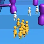 Postacie w kolorze żółtym i białym biegną razem po niebieskiej platformie, omijając duże fioletowe młoty