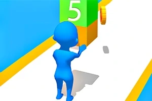 Niebieska postać biegnie w kierunku kolorowego bloku z cyfrą pięć na białej drodze z żółtymi krawędziami