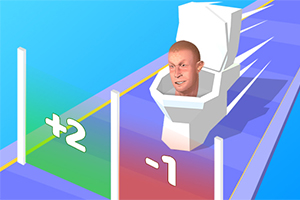 Postać z realistyczną głową siedząca w muszli klozetowej poruszającej się po torze z cyframi +2 i -1