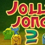 Napis Jolly Jong 2 z kolorowymi figurkami w tle na zielonym tle