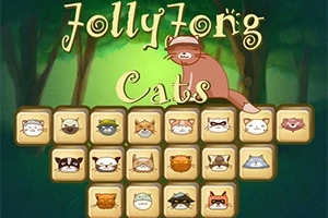 Ilustracja przedstawia różne ikony kotów na kwadratowych przyciskach z kotem obserwującym z góry, na tle leśnym z napisem Jolly Jong Cats